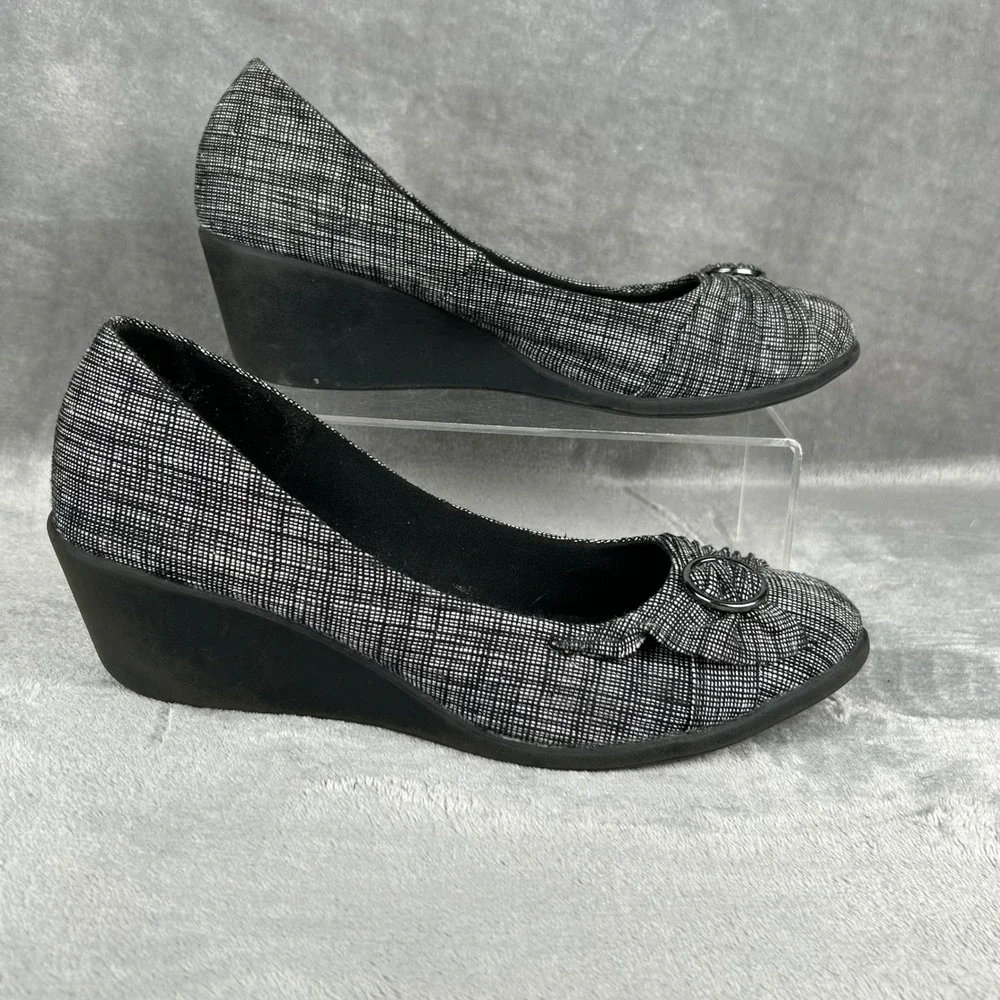 Dexflex Comfort Womens Black White Textured Buckle Wedge Pumps Size 12